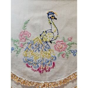 Vintage Hand Embroidered Crochet Peacock Floral Table Runner 38 x 16